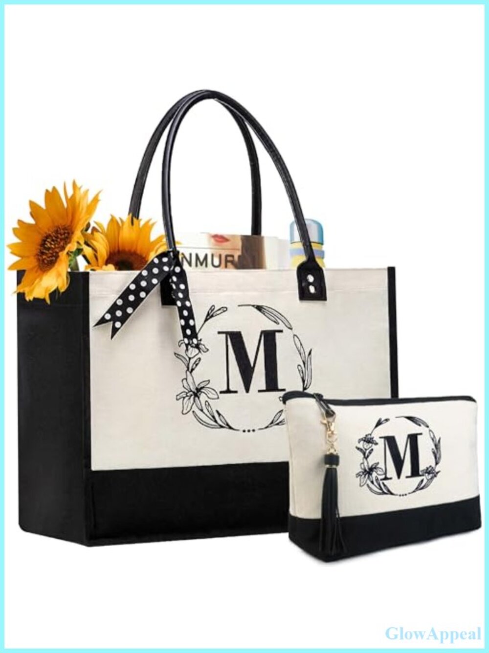 Canvas Tote Bag Leather Handle Monogram Embroidery Large Zip Pouch